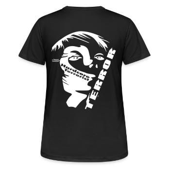 neawolf - HardCoreTerrorist | Gesicht + Terrorist - Frauen T-Shirt atmungsaktiv - Schwarz - Hinten - AI Model Female 172 light (172cm)