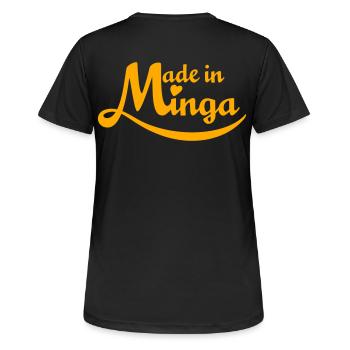 Made in Minga - Geboren in München - Frauen T-Shirt atmungsaktiv - Schwarz - Hinten - AI Model Female 172 light (172cm)