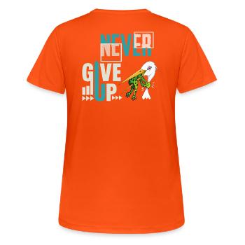 Never Give Up 🐸 Niemals aufgeben Frosch vs Storch - Frauen T-Shirt atmungsaktiv - Neonorange - Hinten - AI Model Female 172 dark (172cm)