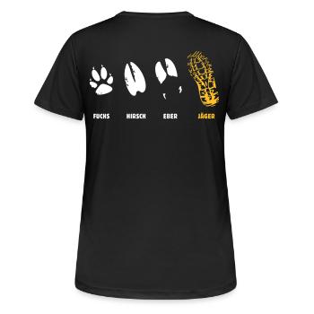 Fuchs, Reh, Eber, Jäger, Trittsiegel, Fährte - Frauen T-Shirt atmungsaktiv - Schwarz - Hinten - AI Model Female 172 light (172cm)