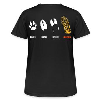 Fuchs, Reh, Keiler, Jägerin, Trittsiegel, Fährte - Frauen T-Shirt atmungsaktiv - Schwarz - Hinten - AI Model Female 172 light (172cm)