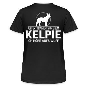 KELPIE ich höre aufs wuff - Frauen T-Shirt atmungsaktiv - Schwarz - Hinten - AI Model Female 172 light (172cm)