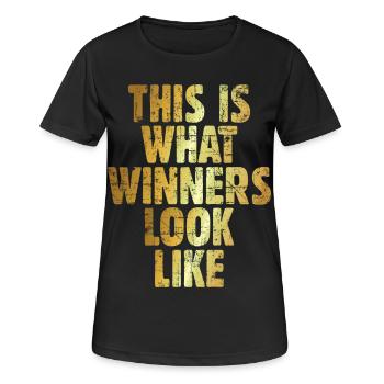 This is what Winners look like Gewinner (Goldgelb) - Frauen T-Shirt atmungsaktiv - Schwarz - Vorne - AI Model Female 172 light (172cm)