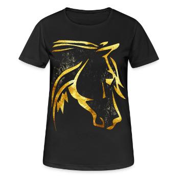 Reiten - Reiter - Pferdekopf - Goldenes Pferd - Frauen T-Shirt atmungsaktiv - Schwarz - Vorne - AI Model Female 172 light (172cm)