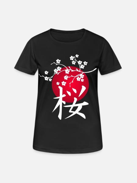 Weiße japanische Kirsche und rote Sonne - Frauen T-Shirt atmungsaktiv - Schwarz