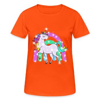 funkelndes Einhorn mit Regenbogen - Frauen T-Shirt atmungsaktiv - Neonorange - Vorne - AI Model Female 172 dark (172cm)