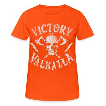 Victory or Valhalla Skull - Frauen T-Shirt atmungsaktiv - Neonorange - Vorne - AI Model Female 172 dark (172cm)