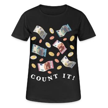 Geldbetrag in Euro Scheinen und Münzen, hell - Frauen T-Shirt atmungsaktiv - Schwarz - Vorne - AI Model Female 172 light (172cm)