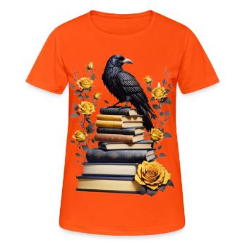 Bücherstapel mit Rabe - Frauen T-Shirt atmungsaktiv - Neonorange - Vorne - AI Model Female 172 dark (172cm)
