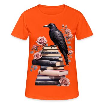 Bücherstapel mit Rabe - Frauen T-Shirt atmungsaktiv - Neonorange - Vorne - AI Model Female 172 dark (172cm)