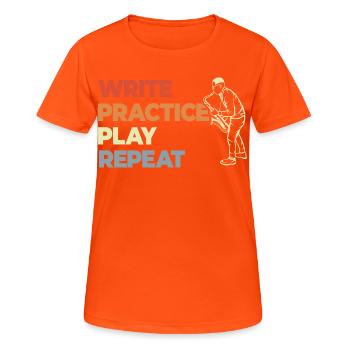 Write Practice Play Repeat - Frauen T-Shirt atmungsaktiv - Neonorange - Vorne - AI Model Female 172 dark (172cm)