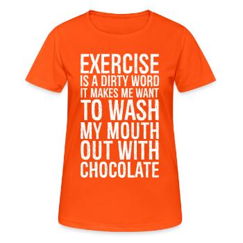 Bewegung ist ein schmutziges Wort, lustiges Hemd - Frauen T-Shirt atmungsaktiv - Neonorange - Vorne - AI Model Female 172 dark (172cm)