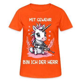 Licorne avec fusil de chasse - T-shirt respirant Femme - orange néon - Devant - AI Model Female 172 dark (172cm)