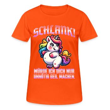 Schlank & Selbstbewusst: Ironisches Statement - Frauen T-Shirt atmungsaktiv - Neonorange - Vorne - AI Model Female 172 dark (172cm)