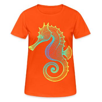 Hippocampe dégradé bleu jaune vert tribal - T-shirt respirant Femme - orange néon - Devant - AI Model Female 172 dark (172cm)