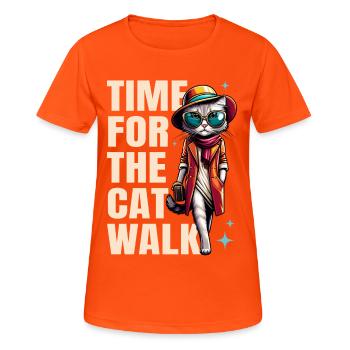 Cat Runway Fashion "Time for the Catwalk" Saying - Women's Breathable T-Shirt - neon orange - Front - AI Model Female 172 dark (172cm)