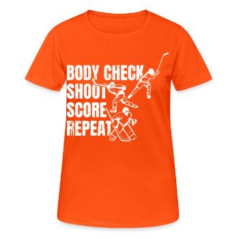 Body Check Shoot Score Repeat - Frauen T-Shirt atmungsaktiv - Neonorange - Vorne - AI Model Female 172 dark (172cm)
