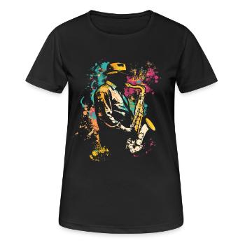 Saxophonspieler Streetart - Frauen T-Shirt atmungsaktiv - Schwarz - Vorne - AI Model Female 172 light (172cm)