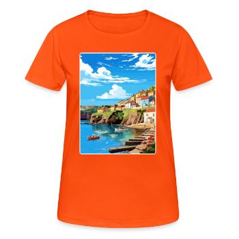 Charlestown, Cornwall, England, Reiseposterkarte - Frauen T-Shirt atmungsaktiv - Neonorange - Vorne - AI Model Female 172 dark (172cm)