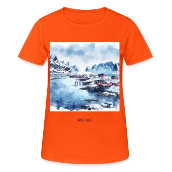Reine Lofoten Winter Skandinavien Norwegen - Frauen T-Shirt atmungsaktiv - Neonorange - Vorne - AI Model Female 172 dark (172cm)