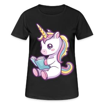 Niedliches Einhorn Cartoon liest ein Buch - Frauen T-Shirt atmungsaktiv - Schwarz - Vorne - AI Model Female 172 light (172cm)