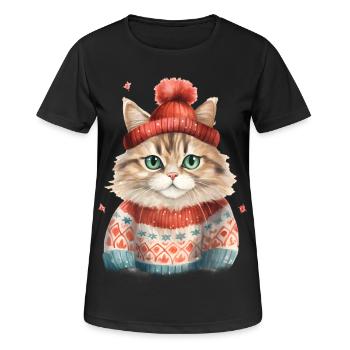 Winterkatze im Strickpullover - Frauen T-Shirt atmungsaktiv - Schwarz - Vorne - AI Model Female 172 light (172cm)