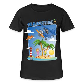 soleil, mer, plage, platane, palmiers, île - T-shirt respirant Femme - noir - Devant - AI Model Female 172 light (172cm)