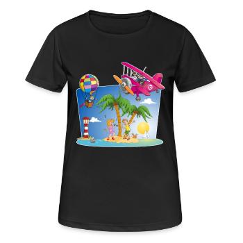 soleil, île, avion, palmiers, montgolfière - T-shirt respirant Femme - noir - Devant - AI Model Female 172 light (172cm)