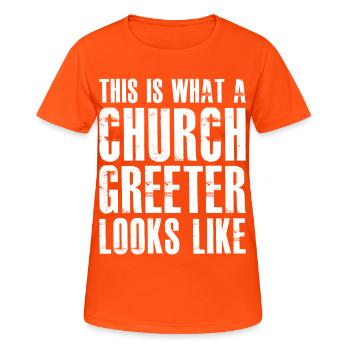 this is what a church greeter looks like - Frauen T-Shirt atmungsaktiv - Neonorange - Vorne - AI Model Female 172 dark (172cm)