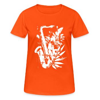Saxophon Cartoon Stil - Frauen T-Shirt atmungsaktiv - Neonorange - Vorne - AI Model Female 172 dark (172cm)