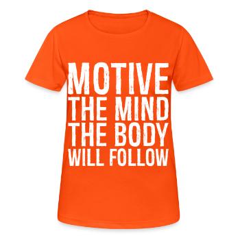 motif l’ le corps suivra - T-shirt respirant Femme - orange néon - Devant - AI Model Female 172 dark (172cm)