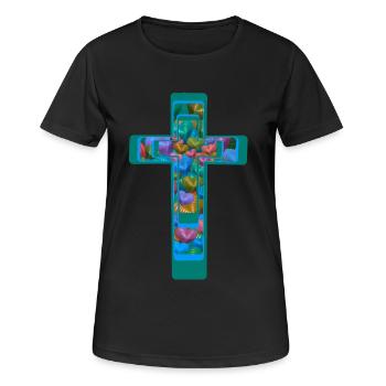 Kruzifix Kreuz Kreuze Herzen - Frauen T-Shirt atmungsaktiv - Schwarz - Vorne - AI Model Female 172 light (172cm)