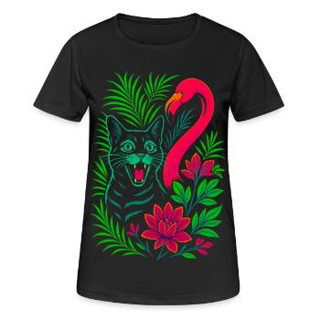 Tropische Katze & Flamingo - Sommer 2025 - Frauen T-Shirt atmungsaktiv - Schwarz - Vorne - AI Model Female 172 light (172cm)