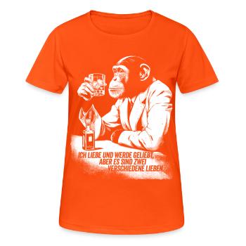 Humorvoller Affe mit Trinkglas - Frauen T-Shirt atmungsaktiv - Neonorange - Vorne - AI Model Female 172 dark (172cm)