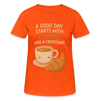Une bonne journée commence par un café et un croissant - T-shirt respirant Femme - orange néon - Devant - AI Model Female 172 dark (172cm)