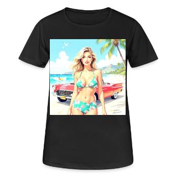 Frau am Strand mit Oldtimer - Frauen T-Shirt atmungsaktiv - Schwarz - Vorne - AI Model Female 172 light (172cm)