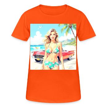 Woman on the beach with classic car - Women's Breathable T-Shirt - neon orange - Front - AI Model Female 172 dark (172cm)