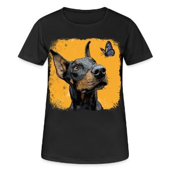 Drôle de doberman et de papillon sur orange - T-shirt respirant Femme - noir - Devant - AI Model Female 172 light (172cm)