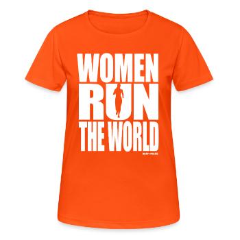 WOMEN RUN THE WORLD - Design für Läuferinnen - Frauen T-Shirt atmungsaktiv - Neonorange - Vorne - AI Model Female 172 dark (172cm)