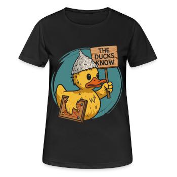 Construction humoristique d’un temple de canard avec conspiration - T-shirt respirant Femme - noir - Devant - AI Model Female 172 light (172cm)
