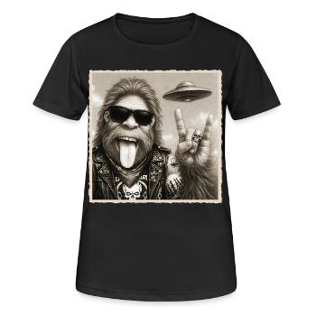 Rock, Rocker, Rock Musik, Rock Hand, Bigfoot UFO - Frauen T-Shirt atmungsaktiv - Schwarz - Vorne - AI Model Female 172 light (172cm)