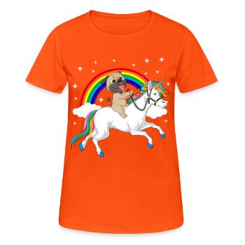 Mops Reiten Einhorn T-Shirt - Frauen T-Shirt atmungsaktiv - Neonorange - Vorne - AI Model Female 172 dark (172cm)