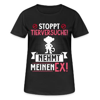 Tierschutz STOPPT TIERVERSUCHE NEHMT MEINEN EX - Frauen T-Shirt atmungsaktiv - Schwarz - Vorne - AI Model Female 172 light (172cm)