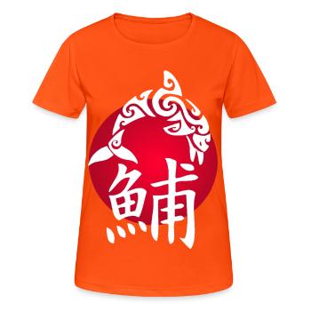 Weißer Delfin und rote Sonne - Frauen T-Shirt atmungsaktiv - Neonorange - Vorne - AI Model Female 172 dark (172cm)