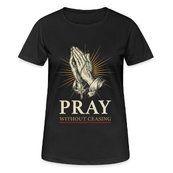 Beten ohne Unterlass – Hände mit Rosenkranz - Frauen T-Shirt atmungsaktiv - Schwarz - Vorne - AI Model Female 172 light (172cm)