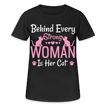 Hinter jeder starken Frau steckt ihre Katze - Frauen T-Shirt atmungsaktiv - Schwarz - Vorne - AI Model Female 172 light (172cm)