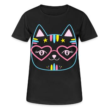 Kawaii Cat Face with Heart Glasses Pink Pink Cute - Women's Breathable T-Shirt - black - Front - AI Model Female 172 light (172cm)