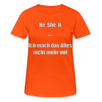 He, She, It Meme Shirt – For Teachers and Students - Women's Breathable T-Shirt - neon orange - Front - AI Model Female 172 dark (172cm)