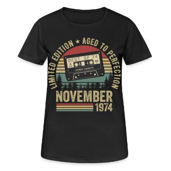 November 1974 - Women's Breathable T-Shirt - black - Front - AI Model Female 172 light (172cm)