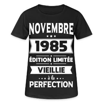 Anniversaire 40 ans - Novembre 1985 Perfection - T-shirt respirant Femme - noir - Devant - AI Model Female 172 light (172cm)